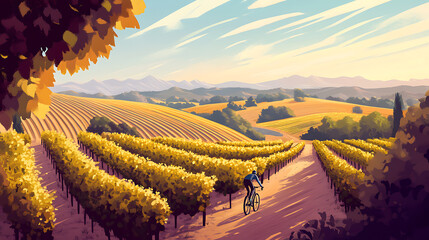 Fototapeta premium Charming background with a cyclist exploring a picturesque vineyard, featuring rows of grapevines, rolling hills, and a scenic trail