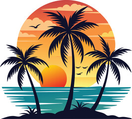 Experience the beauty of a tropical sunset with silhouetted palm trees, vibrant orange skies, and birds flying over a tranquil ocean scene. Perfect for travel, nature, or tropical-themed content