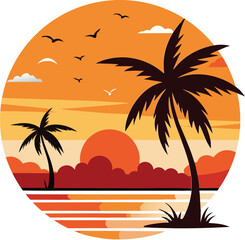 Experience the beauty of a tropical sunset with silhouetted palm trees, vibrant orange skies, and birds flying over a tranquil ocean scene. Perfect for travel, nature, or tropical-themed content