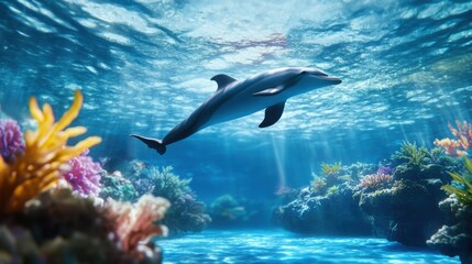 Obraz premium Graceful Dolphin Swimming in Vibrant Coral Reef