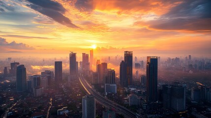Obraz premium A bustling city skyline with modern high-rises and an asphalt road leading through the center. The sky is a gradient of orange, yellow, and pink as the sun rises over the city.