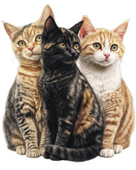 Three Cats Sitting Together on a White Background - Digital Painting, transparent background, PNG file