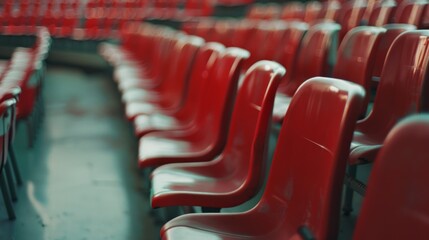 Naklejka premium Rows of empty red chairs in a theater, evoking a sense of anticipation and the excitement of pending performances.
