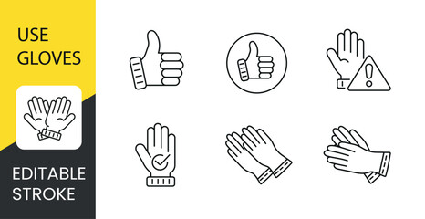 Using gloves to Protect hands before using polyurethane foam, vector line icon set with editable stroke