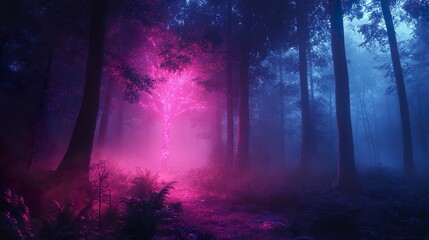Glowing neon flowers scattered along dark forests mossy ground picture