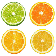 Fototapeta premium Four Citrus Fruit Slices Isolated on White Background - Lime, Orange, Lemon - High Resolution Photo, transparent background, PNG file