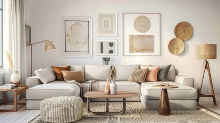 Stylish living room with a beige sectional sofa, decorated with warm-toned cushions and abstract wall art, bathed in sunlight, exuding a welcoming and cozy ambiance.