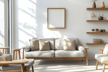Obraz premium Scandinavian Mid-Century Modern Interior Photo from Living Room With Scandinavian Decorations on Wood Shelves. Generative AI 