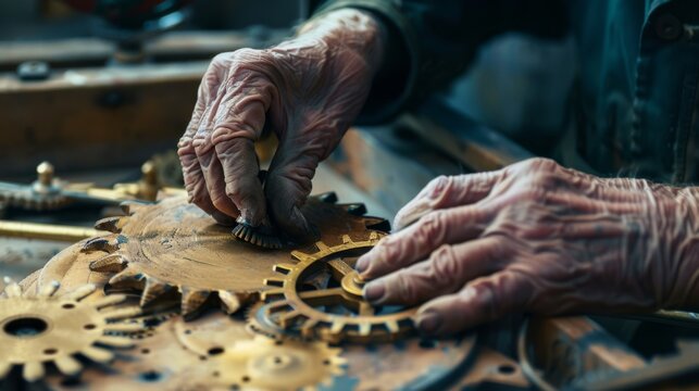 Close-up of elderly hands carefully working on vintage clock gears in a workshop, showcasing expertise and craftsmanship.