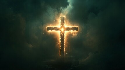Fototapeta premium A fiery cross against a dark sky. Jesus christ Christianity background