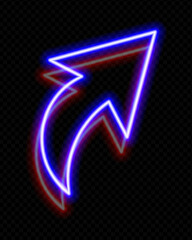 Neon red and blue curved arrow pointing upwards on a transparent background. Glowing, futuristic design, ideal for technology, navigation, and digital direction concepts.