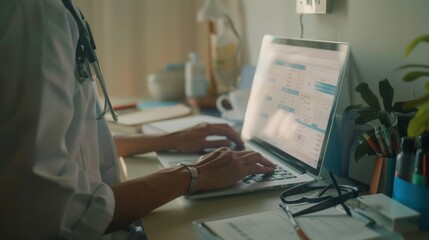 A dedicated doctor works at a laptop in his minimalist office filled with natural light, embodying professional focus and a serene work environment.