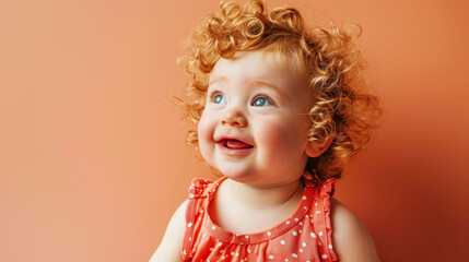 Joyful toddler with curly golden hair smiling on a coral background