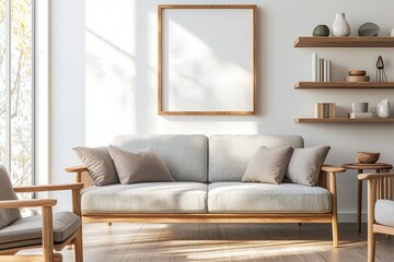 Fototapeta premium Scandinavian Mid-Century Modern Interior Photo from Living Room With Scandinavian Decorations on Wood Shelves. Generative AI 