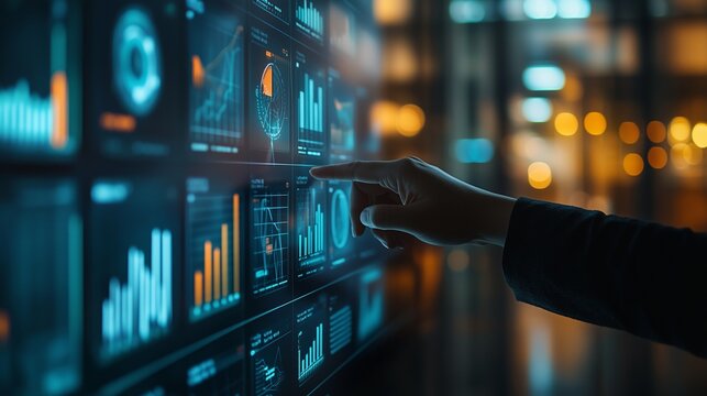 A person pointing at an interactive whiteboard displaying financial graphs and data, symbolizing the use of technology in business in a dark style with a blurred background.