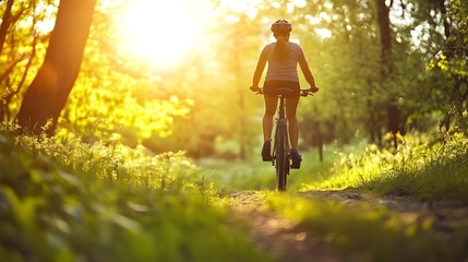 Person biking on a trail during sunset in a lush green forest.