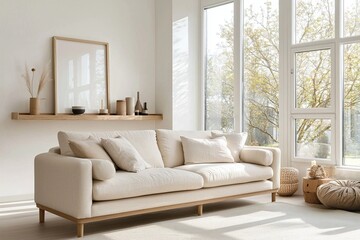 Fototapeta premium Scandinavian mid-century modern interior living room with white-walled walls and a sofa and wooden table. Generative AI 