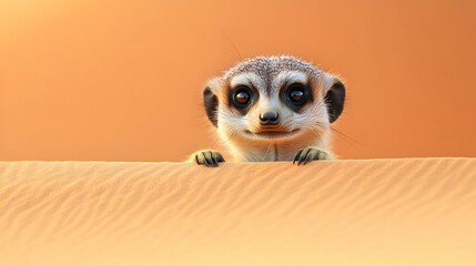 A curious meerkat peeking over sand, showcasing its adorable features against a warm orange background.