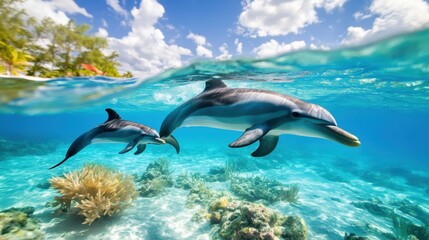Fototapeta premium Dolphins Swimming in Clear Tropical Waters
