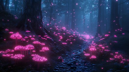 Fototapeta premium Neon flowers glowing brightly scattered through dark forest trees picture