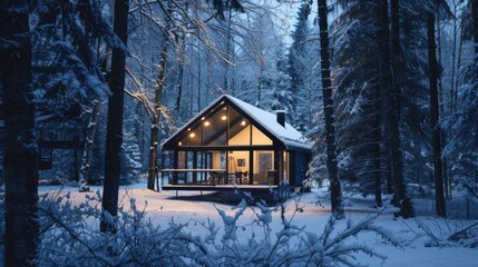 A picturesque winter cabin glowing warmly in the snowy forest, evoking a sense of solitude and peacefulness amidst nature.