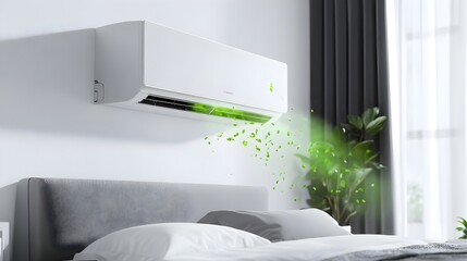 Air conditioner in bedroom blowing fresh air, modern decor, green particles visible.