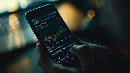 Close-up of a person analyzing stock market data on a smartphone, with colorful graphs and charts vividly displayed on the screen against a dark background.