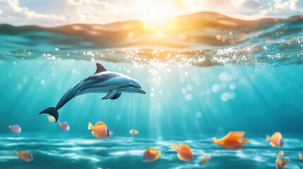 Playful Dolphin Swimming in Sunny Ocean Water