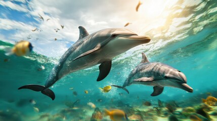 Obraz premium Dolphins Swimming in Clear Tropical Ocean Waters