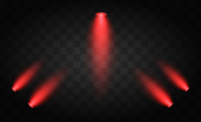 Three red soft spotlight beams on a transparent background. Glowing warm lights perfect for stage, theater, or spotlighting design concepts in presentations or visual media.