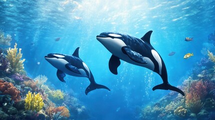 Orcas Swimming in Vibrant Coral Reef Environment