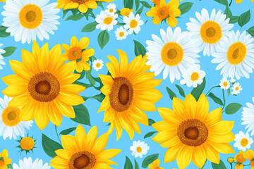 Cheerful seamless pattern of bright sunflowers and daisies with vibrant yellow petals for lively textile or wallpaper designs