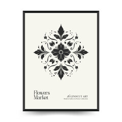 Abstract linocut floral posters template. Modern trendy minimal style. Black and white colors. Magic, mystical. Hand drawn design for wallpaper, wall decor, print, postcard, cover, template, banner.