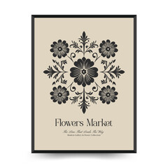 Abstract linocut floral posters template. Modern trendy minimal style. Black and white colors. Magic, mystical. Hand drawn design for wallpaper, wall decor, print, postcard, cover, template, banner.