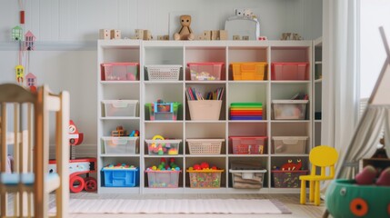 Obraz premium A sunny children's playroom with toys neatly organized in shelves and a window letting in natural light.