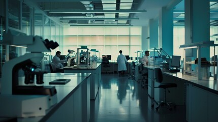 Scientists hard at work in a sleek, modern laboratory, engrossed in their meticulous research and surrounded by high-tech equipment.