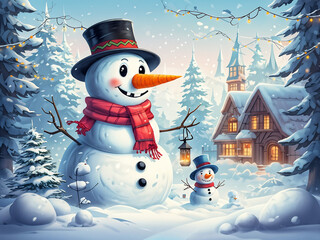 Obraz premium Cheerful snowman wearing a black hat and red scarf standing in a snowy winter scene. with a cozy cabin in the background