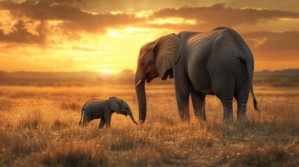 Baby elephant with his mother in the wild.
