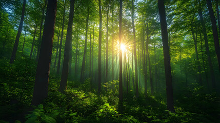 Obraz premium A serene forest scene with sunlight filtering through lush green trees, creating a magical and tranquil atmosphere.