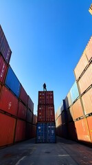 A photo of stacked shipping containers at the port, ready for transport to their physical destination