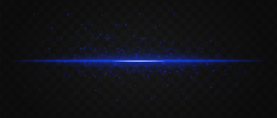 Glowing blue laser beam horizontally with sparkling particles across a dark transparent background, creating a futuristic and high-tech visual effect. Neon flare, laser lines of light