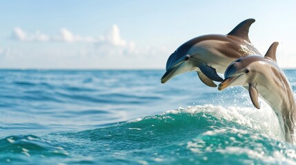 Obraz premium Dolphins Jumping Over Ocean Waves at Sunset