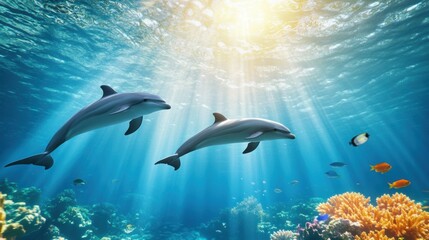 Dolphins Swimming in Vibrant Coral Reef Scene