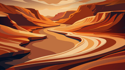 Abstract Sunset Landscape with Mountains and Reflected Light Over Water – Modern Vector Illustration