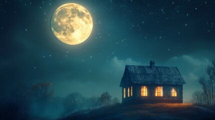 A small cottage sits on a hill under a full moon. Jesus christ Christianity background