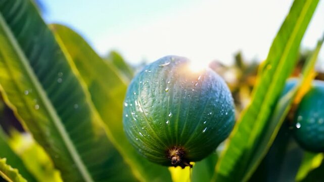 A large avocado hangs beautifully from a green tree branch, illuminated by sunlight, with droplets of water glistening on its surface, surrounded by vibrant leaves