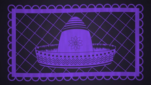 Papel picado de sombrero t&iacute;pico de color y fondo morado.