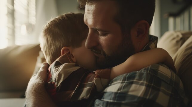 A heartfelt scene of a father embracing his young son with tender affection, capturing a moment of love and warmth.