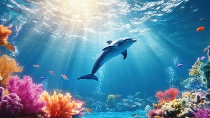 Fototapeta premium Dolphin Swimming in Vibrant Coral Reef Underwater
