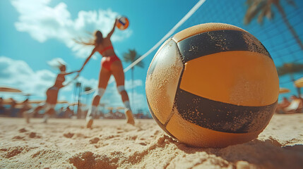 Beach volleyball action shot with athletes playing under the sun, sandy court, and vibrant atmosphere.